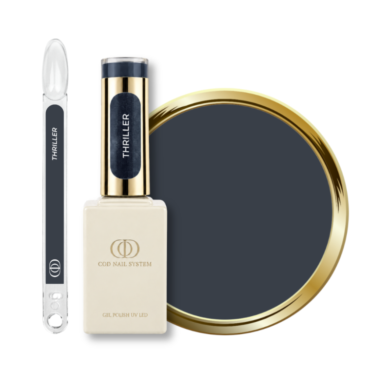 Flacon, tips et pastille du vernis semi permanent Thriller, gris anthracite