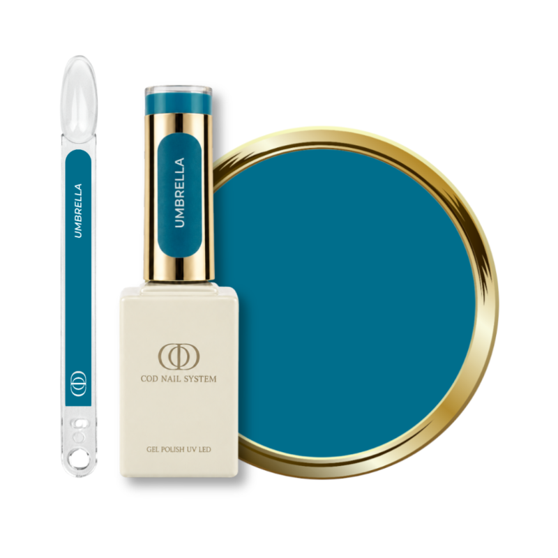 Flacon, tips et pastille du vernis semi permanent Umbrella, bleu canard et bleu pétrole