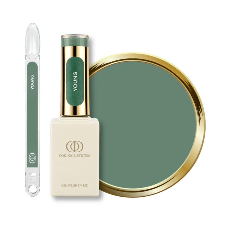 Flacon, tips et pastille du vernis semi permanent Young, vert argile
