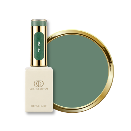 Flacon et pastille du vernis semi permanent Young, vert argile