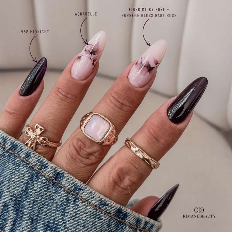 Pose d'ongles en amandes avec le vernis semi permanent Midnight, aubergine foncé