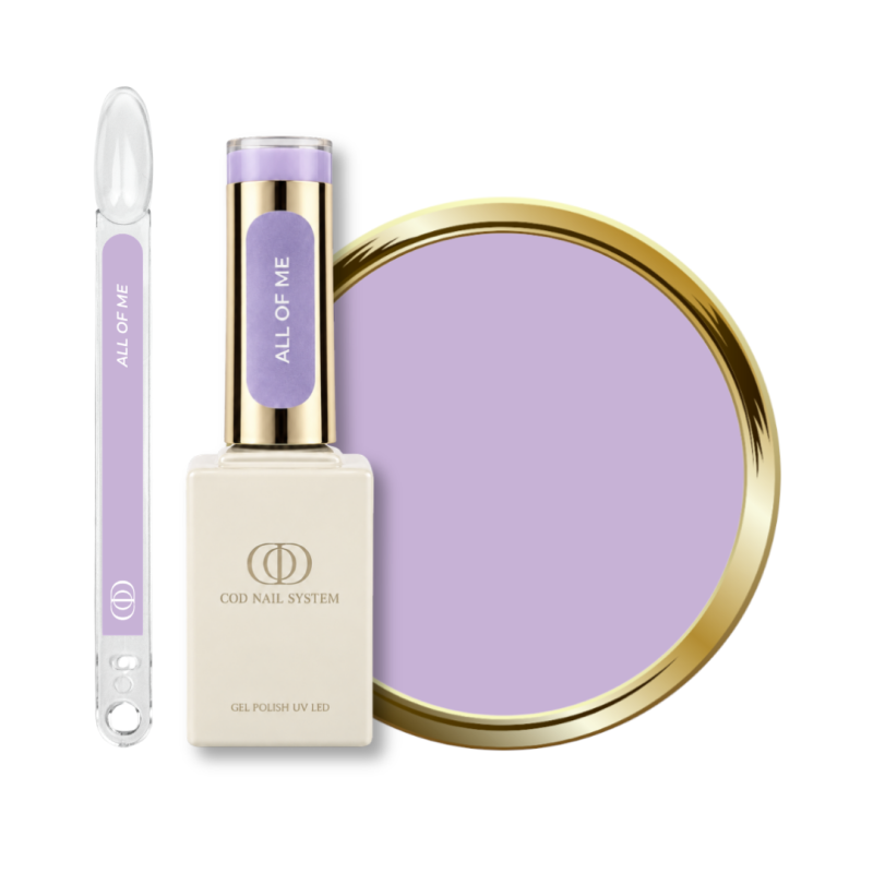 Flacon, tips et pastille du vernis semi permanent All Of Me, violet pastel
