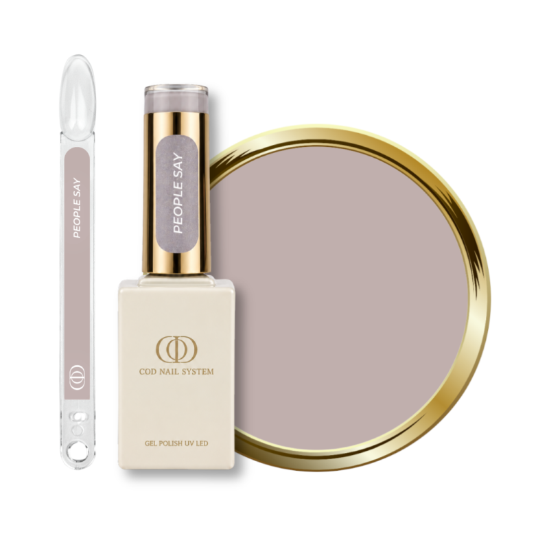 Flacon, tips et pastille du vernis semi permanent People Say, gris chaud