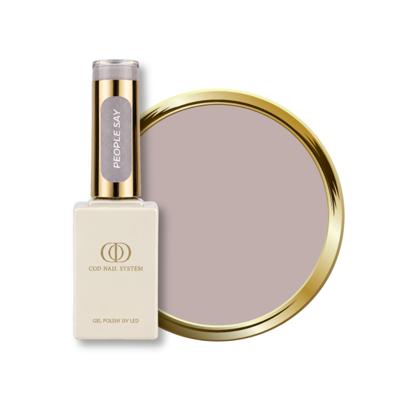 Flacon et pastille du vernis semi permanent People Say, gris chaud