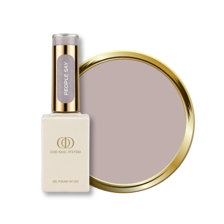 Flacon et pastille du vernis semi permanent People Say, gris chaud