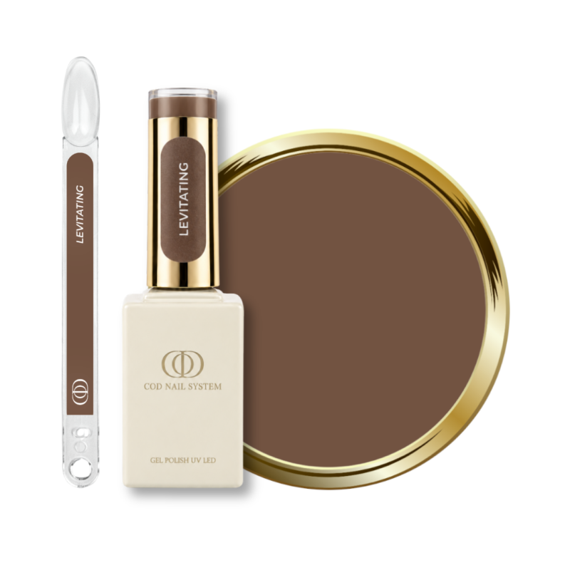 Flacon, tips et pastille du vernis semi permanent Levitating; marron taupe
