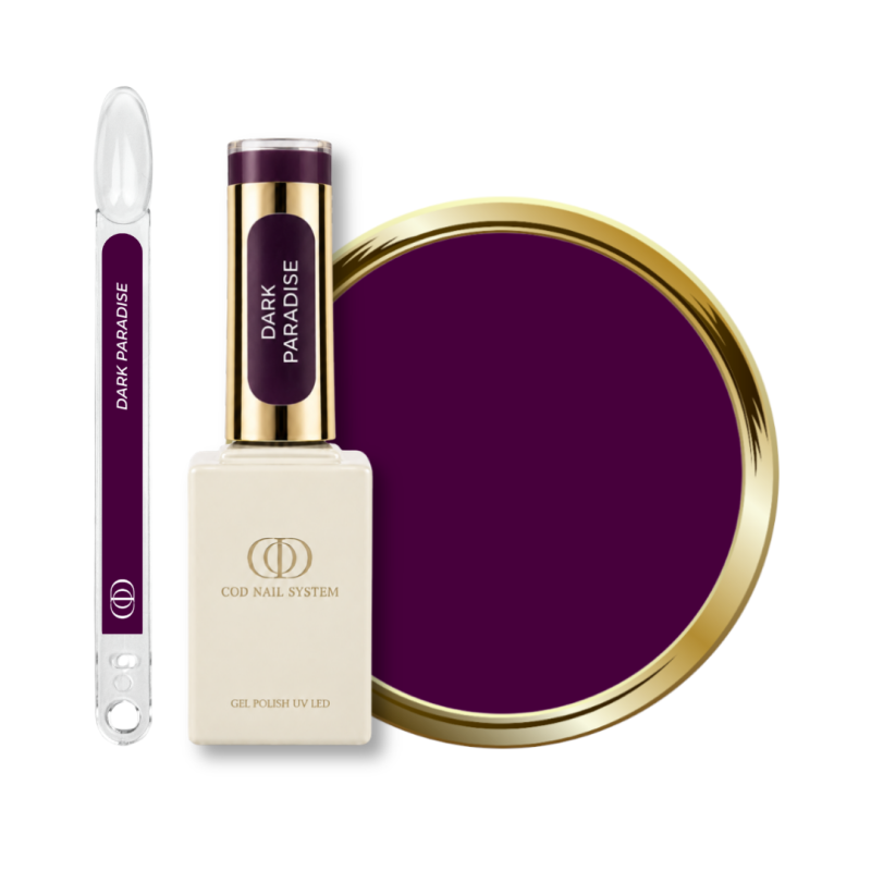Flacon, tips et pastille du vernis semi permanent Dark Paradise, prune
