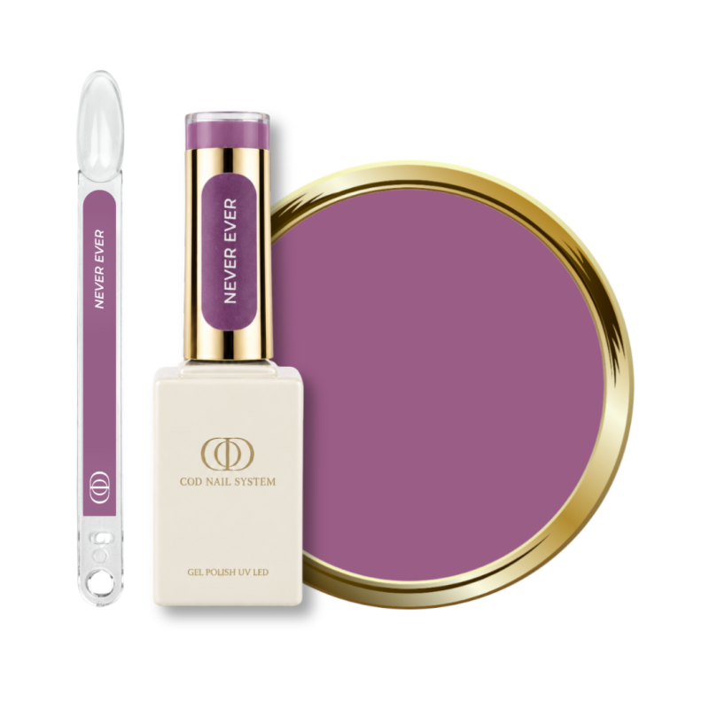 Flacon, tips et pastille du vernis semi permanent Never Ever, mauve