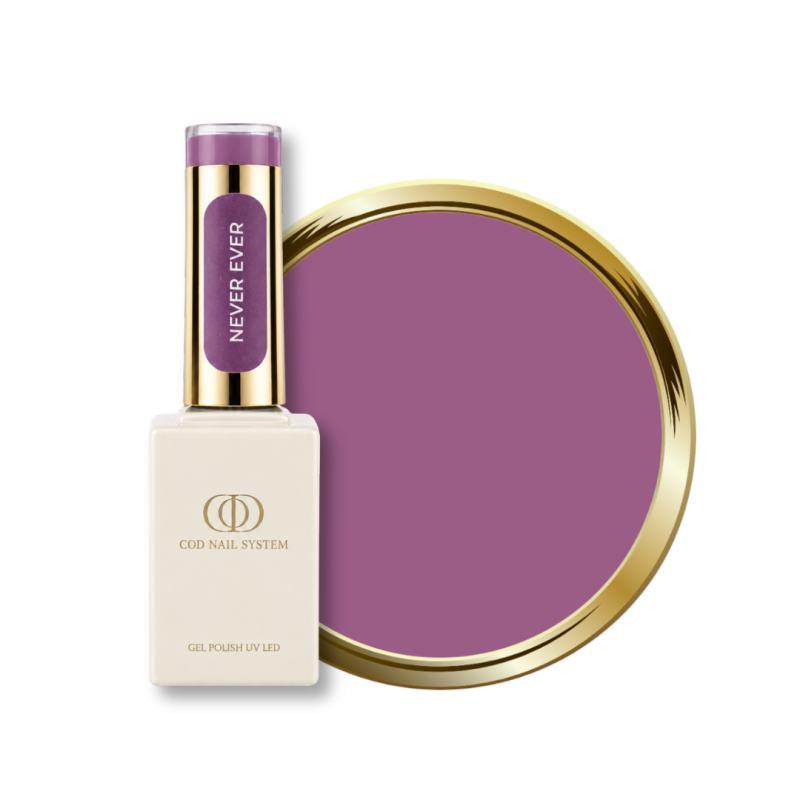 Flacon et pastille du vernis semi permanent Never Ever, mauve
