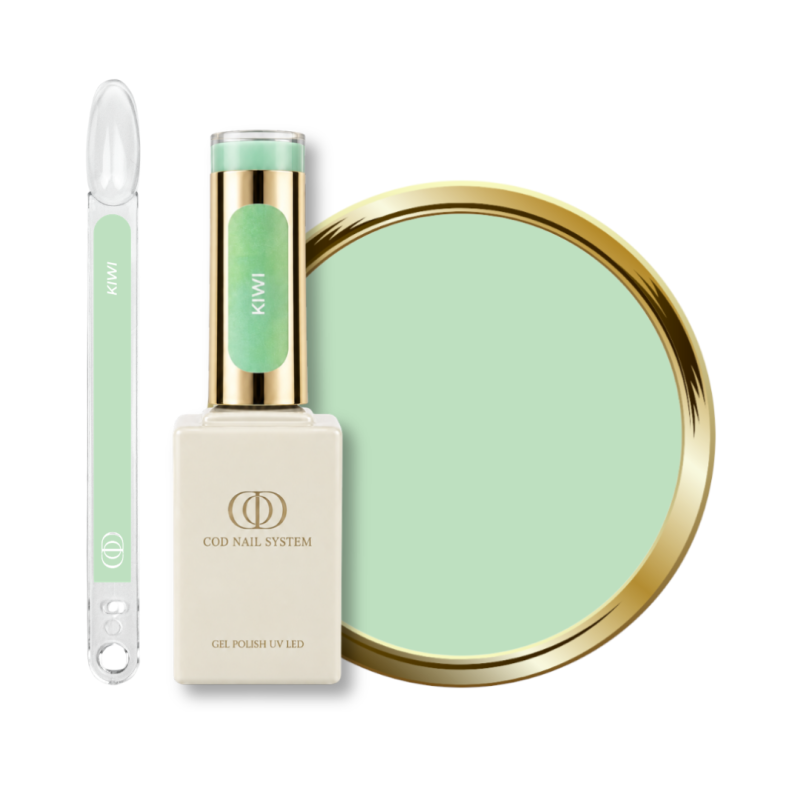 Flacon, tips et pastille du vernis semi permanent Kiwi, vert pastel