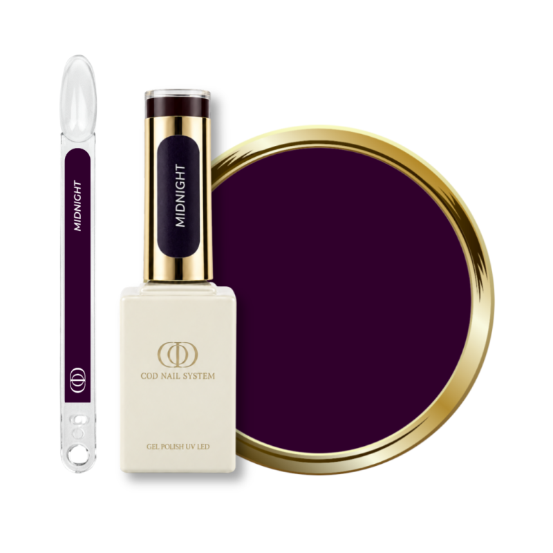Flacon, tips et pastille du vernis semi permanent Midnight, aubergine foncé