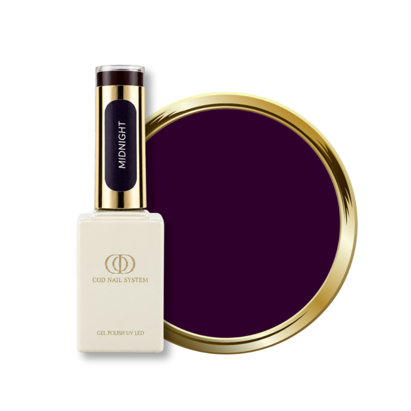 Flacon et pastille du vernis semi permanent Midnight, aubergine foncé