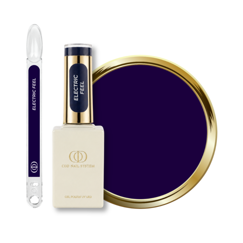 Flacon, tips et pastille du vernis semi permanent Electric Feel, violet bleu sombre