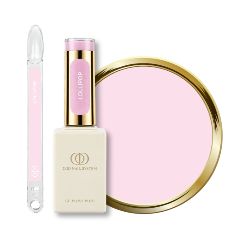 Flacon, tips et pastille du vernis semi permanent Lollipop, rose parme pastel