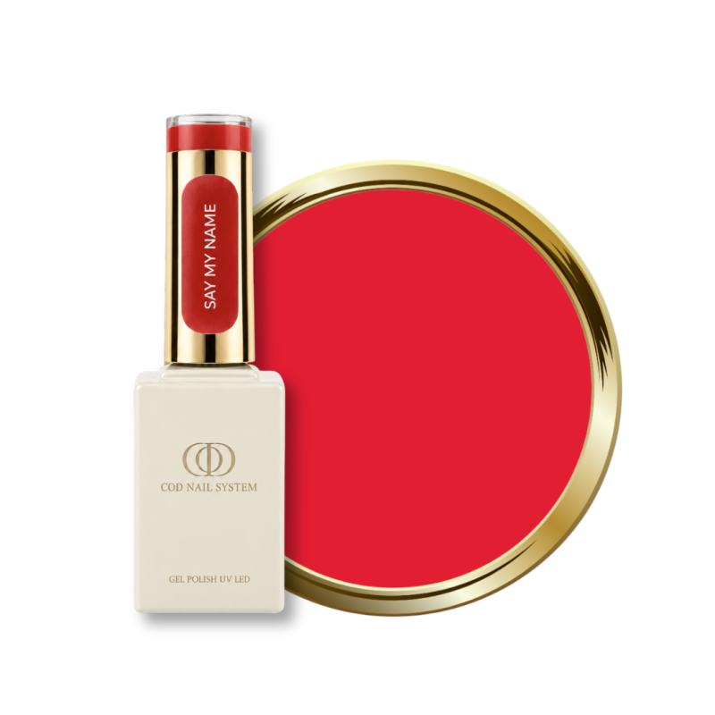 Flacon et pastille du vernis semi permanent Say My Name, rouge coquelicot