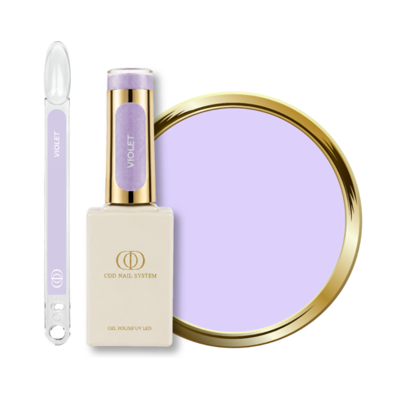 Flacon, tips et pastille du vernis semi permanent Violet, parme pastel clair