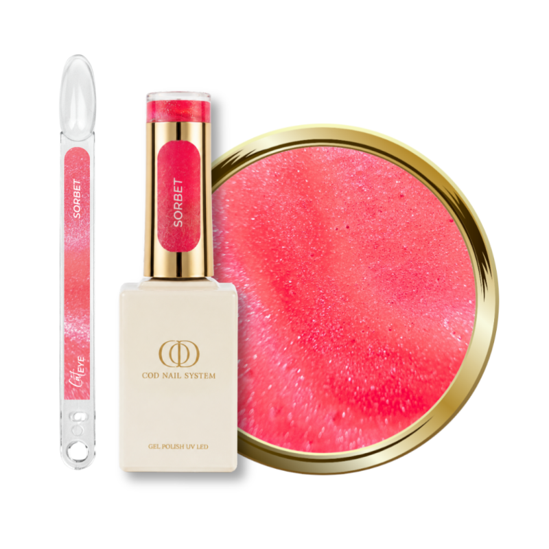 Flacon, tips et pastille du vernis semi permanent Cat Eye Sorbet, rose corail reflective
