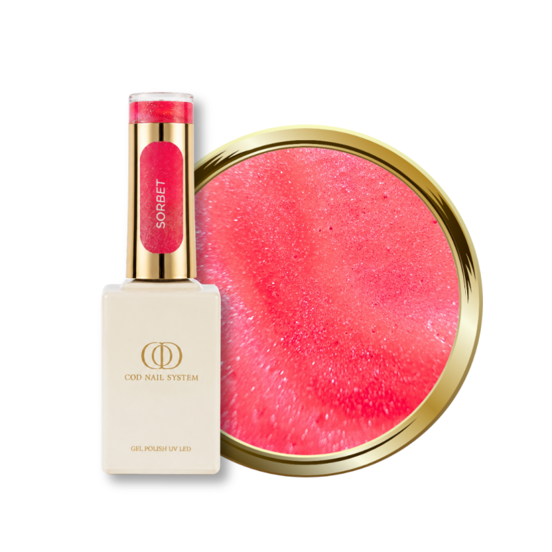 Flacon et pastille du vernis semi permanent Cat Eye Sorbet, rose corail reflective