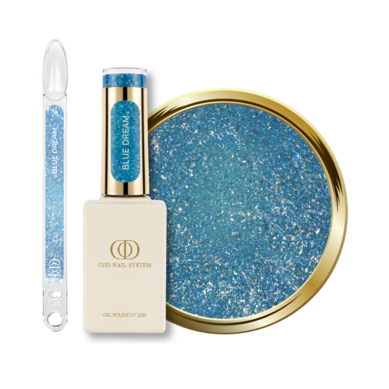 Flacon, tips et pastille du vernis semi permanent Blue Dream, bleu ciel pailleté