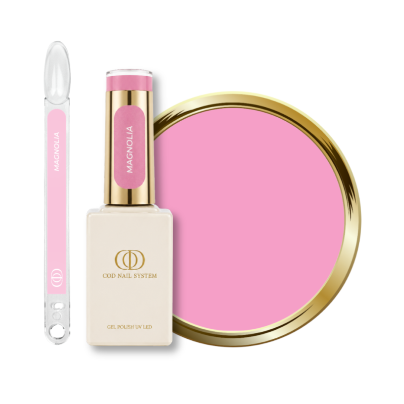 Flacon, tips et pastille du vernis semi permanent Magnolia, rose dragée
