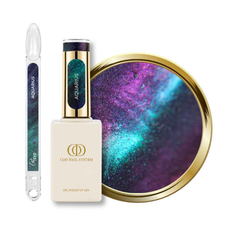 Tips, flacon et pastille du vernis semi permanent Cat Eye Aquarius, 9D caméléon