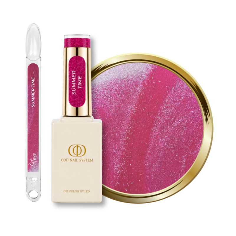 Flacon, tips et pastille du vernis semi permanent Cat Eye Summer Time, reflective rose framboise