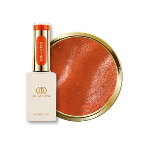 Flacon et pastille du vernis semi permanent Cat Eye Sun Kissed, reflective orange saumon