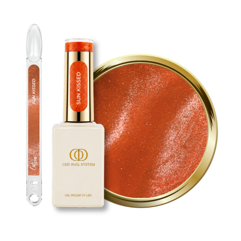 Flacon, tips et pastille du vernis semi permanent Cat Eye Sun Kissed, reflective orange saumon