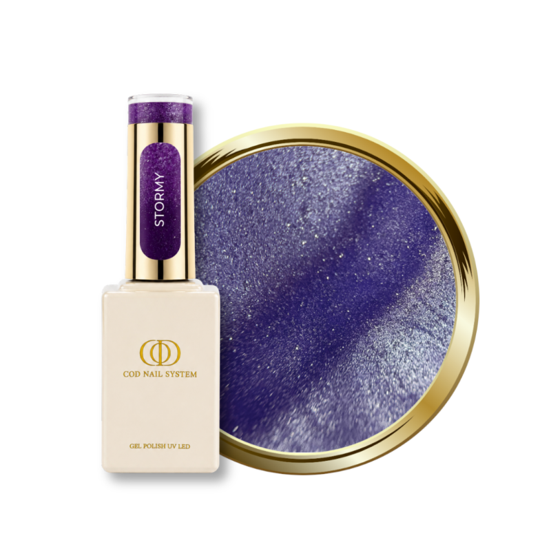 Flacon et pastille du vernis semi permanent Cat Eye Stormy, reflective violet lavande foncé