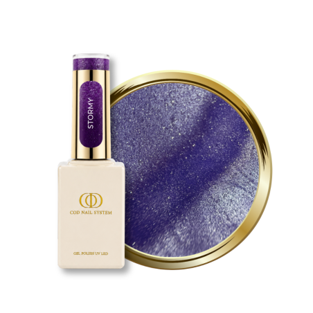 Flacon et pastille du vernis semi permanent Cat Eye Stormy, reflective violet lavande foncé