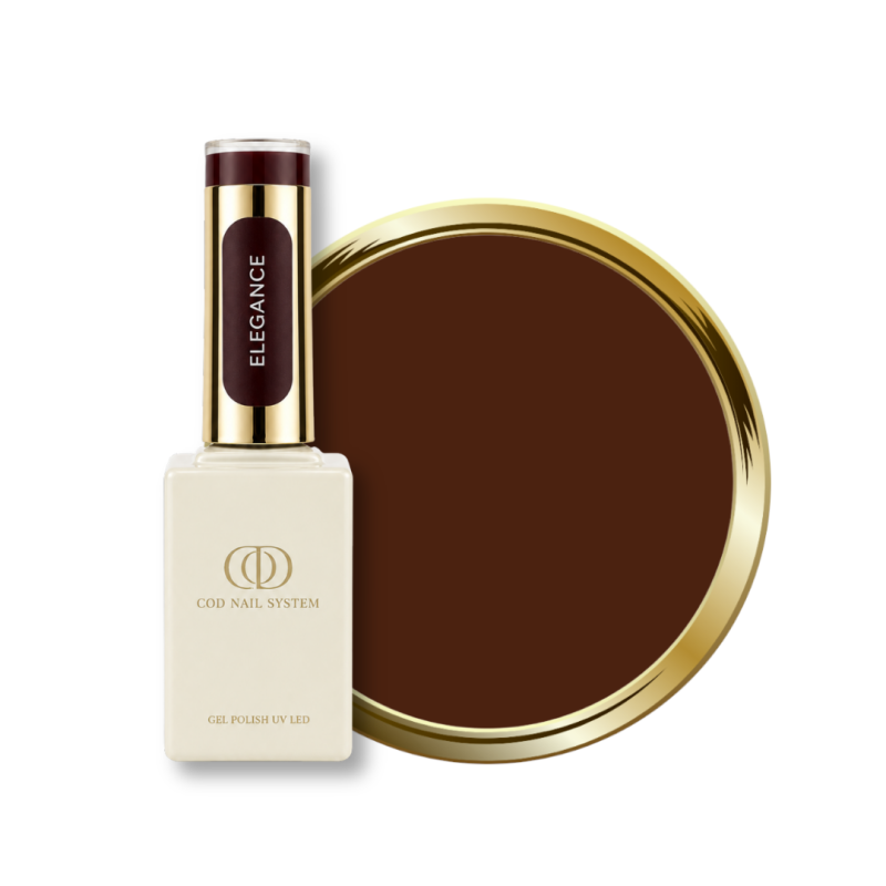 Flacon et pastille du vernis semi permanent Elegance, marron chocolat
