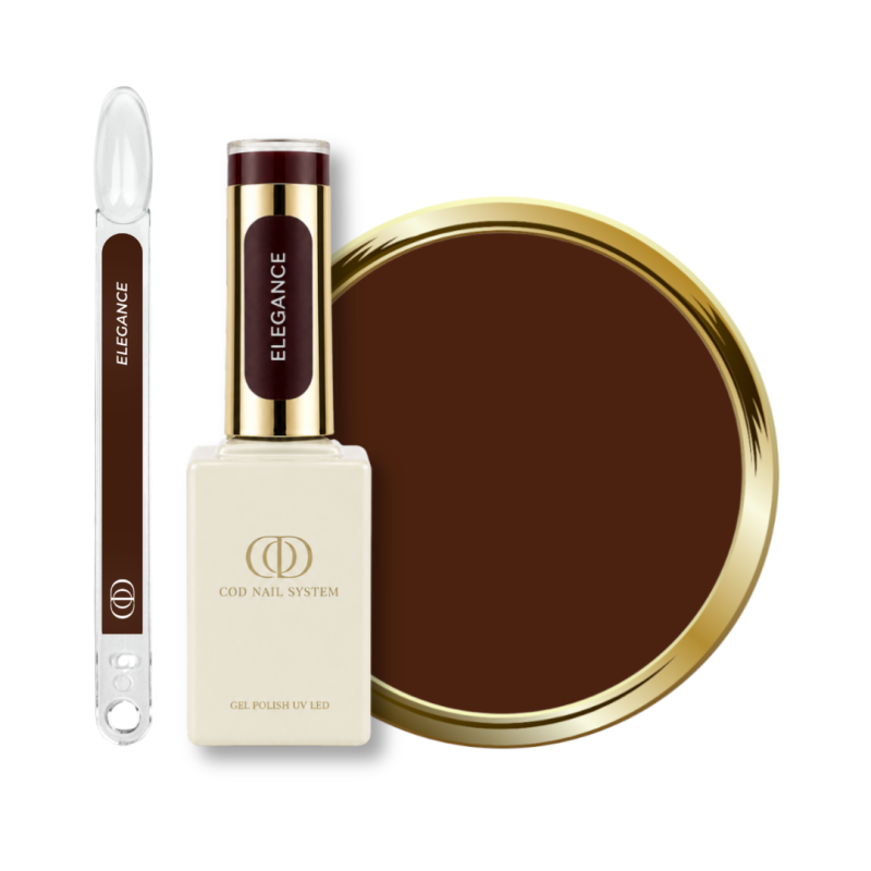 Flacon, tips et pastille du vernis semi permanent Elegance, marron chocolat