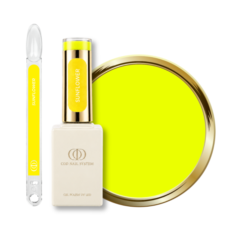 Flacon, tips et pastille du vernis semi permanent Sunflower, jaune néon