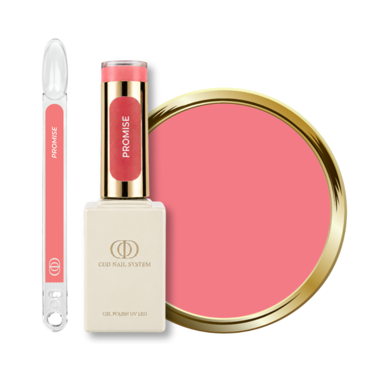 Flacon, tips et pastille du vernis semi permanent Promise, rose orange néon