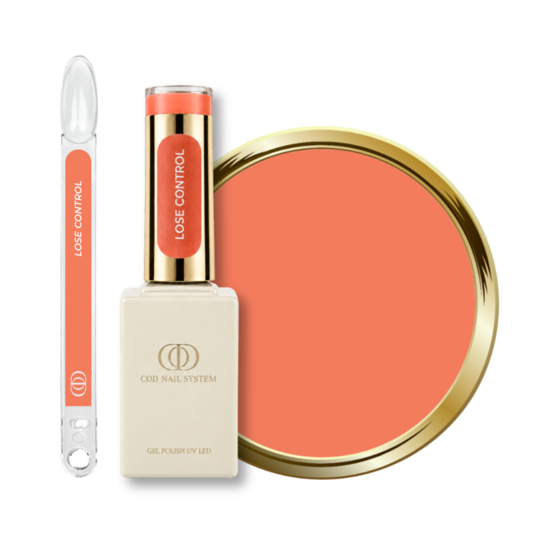 Flacon, tips et pastille du vernis semi permanent Promise, rose orange néon