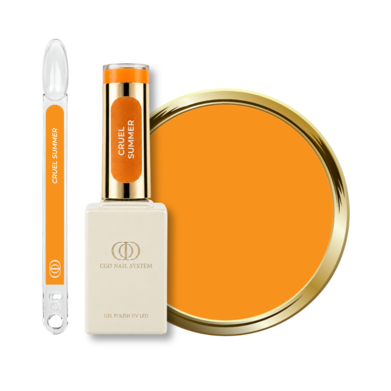 Flacon, tips et pastille du vernis semi permanent Cruel Summer, orange néon