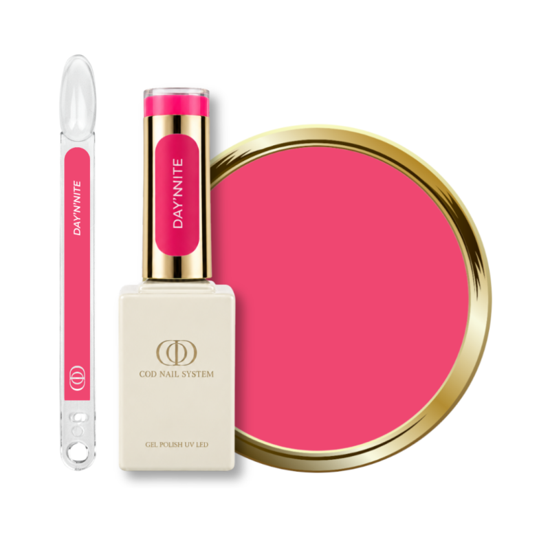 Flacon, tips et pastille du vernis semi permanent Day'N'Nite, rose néon