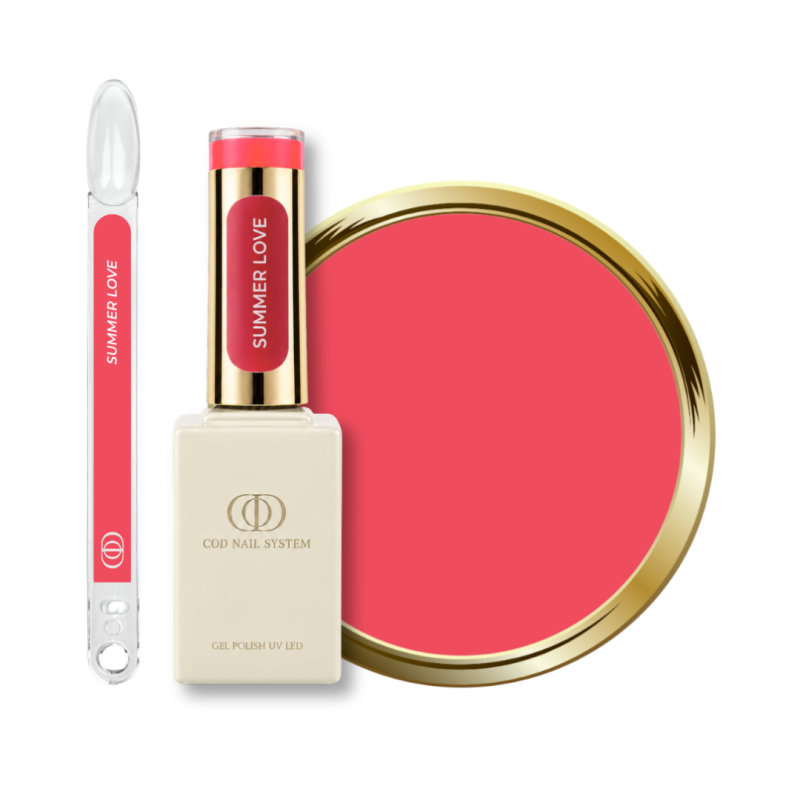 Flacon, tips et pastille du vernis semi permanent Summer Love, rose orangé néon