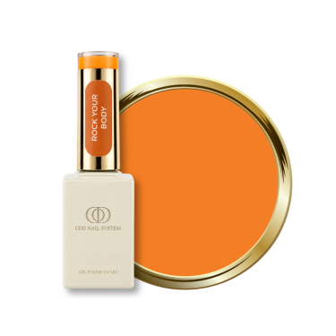 Flacon et pastille du vernis semi permanent Rock Your Body, orange néon mandarine