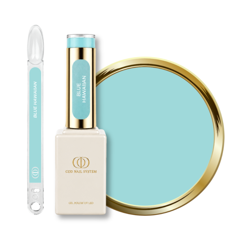Flacon, tips et pastille du vernis semi permanent Blue Hawaiian, bleu turquoise