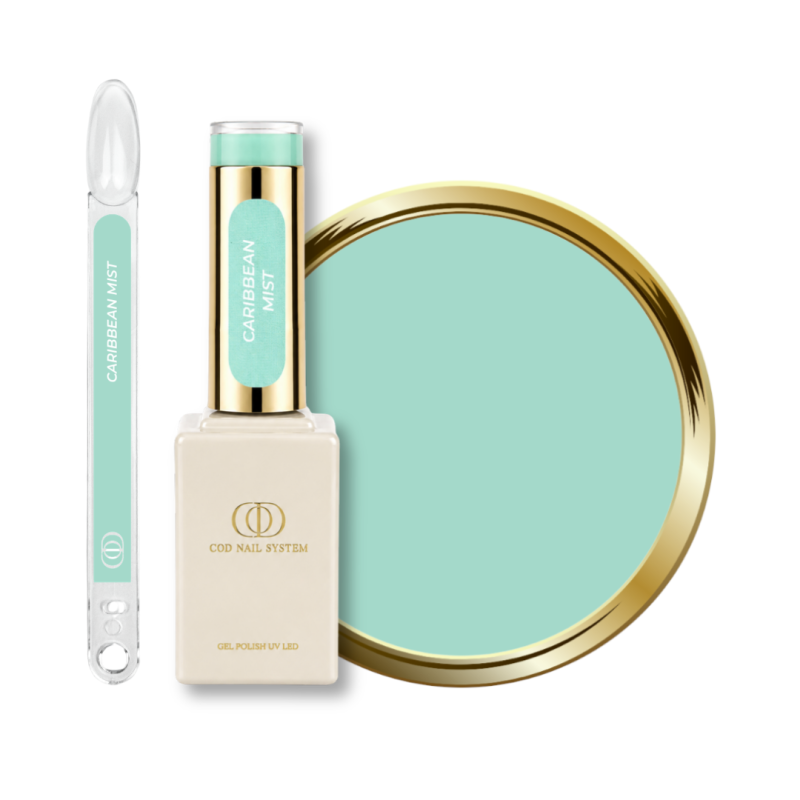 Flacon, tips et pastille du vernis semi permanent Caribbean Mist, vert turquoise