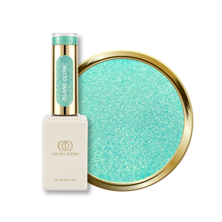 Flacon et pastille du vernis semi permanent Island Glow, vert turquoise pailleté