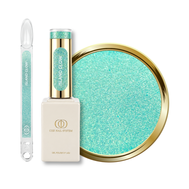 Flacon, tips et pastille du vernis semi permanent Island Glow, vert turquoise pailleté
