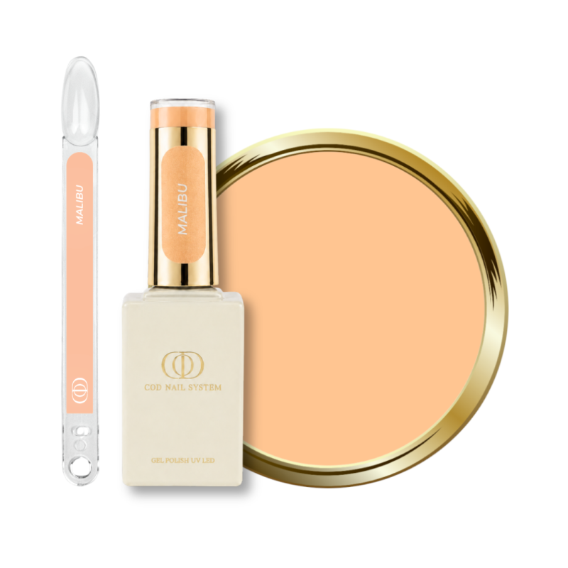 Flacon, tips et pastille du vernis semi permanent Malibu, orange pastel néon