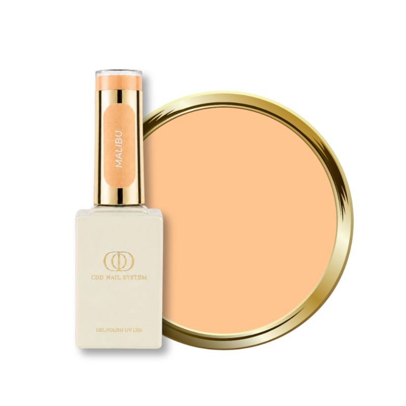 Flacon et pastille du vernis semi permanent Malibu, orange pastel néon