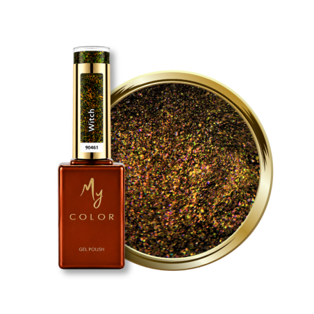 Flacon et pastille du vernis semi permanent Witch, mermaid marron aux reflets dorés, bronze et verts