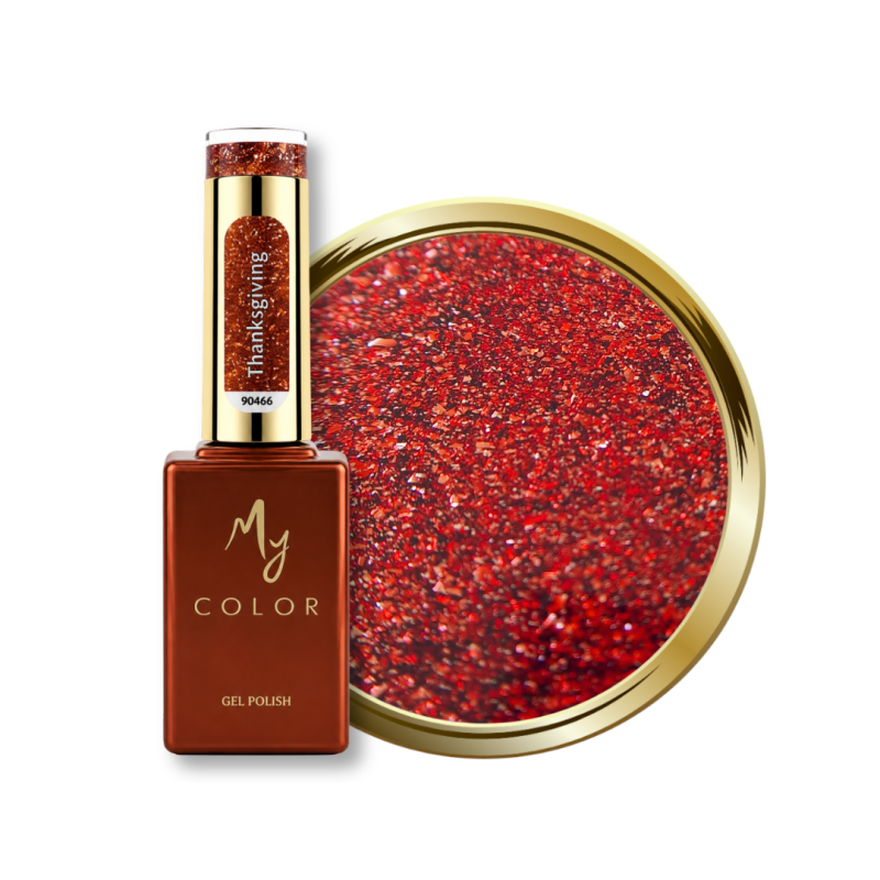 Flacon et pastille du vernis semi permanent Thanksgiving, rouge aux flakes rouge cuivré