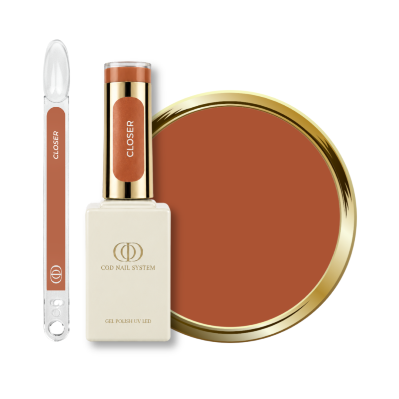 Flacon, tips et pastille du vernis semi permanent Closer, terracotta chaud