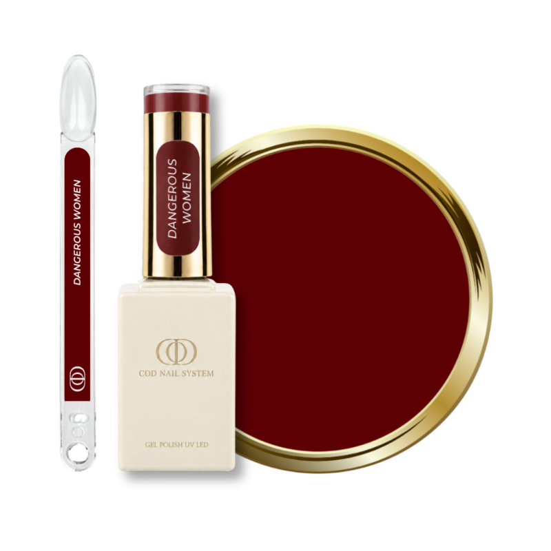 Flacon, tips et pastille du vernis semi permanent Dangerous Women, rouge bordeaux