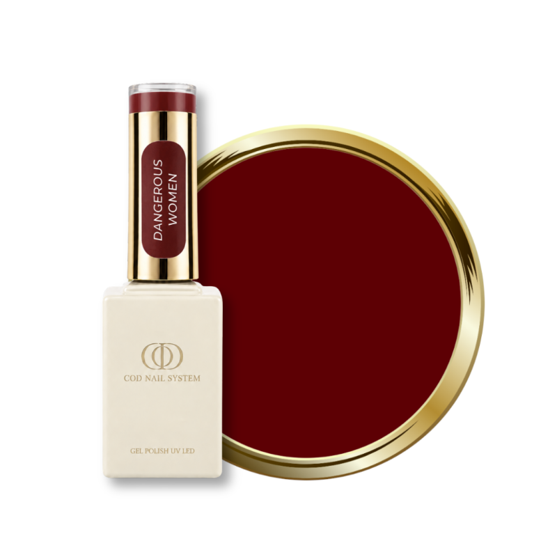 Flacon et pastille du vernis semi permanent Dangerous Women, rouge bordeaux